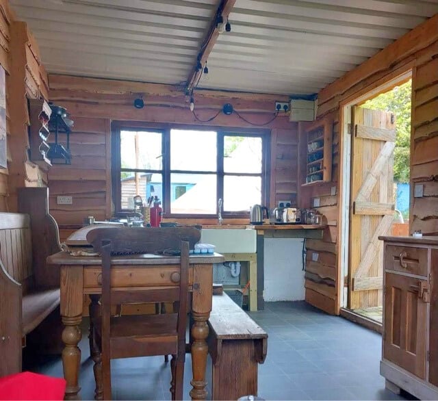 a wooden clad cabin interior